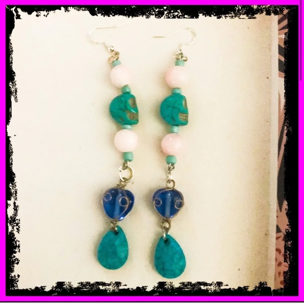 Handmade New S925 Sterling Silver Turquoise Rhodonite Skull Candy Drop Earrings